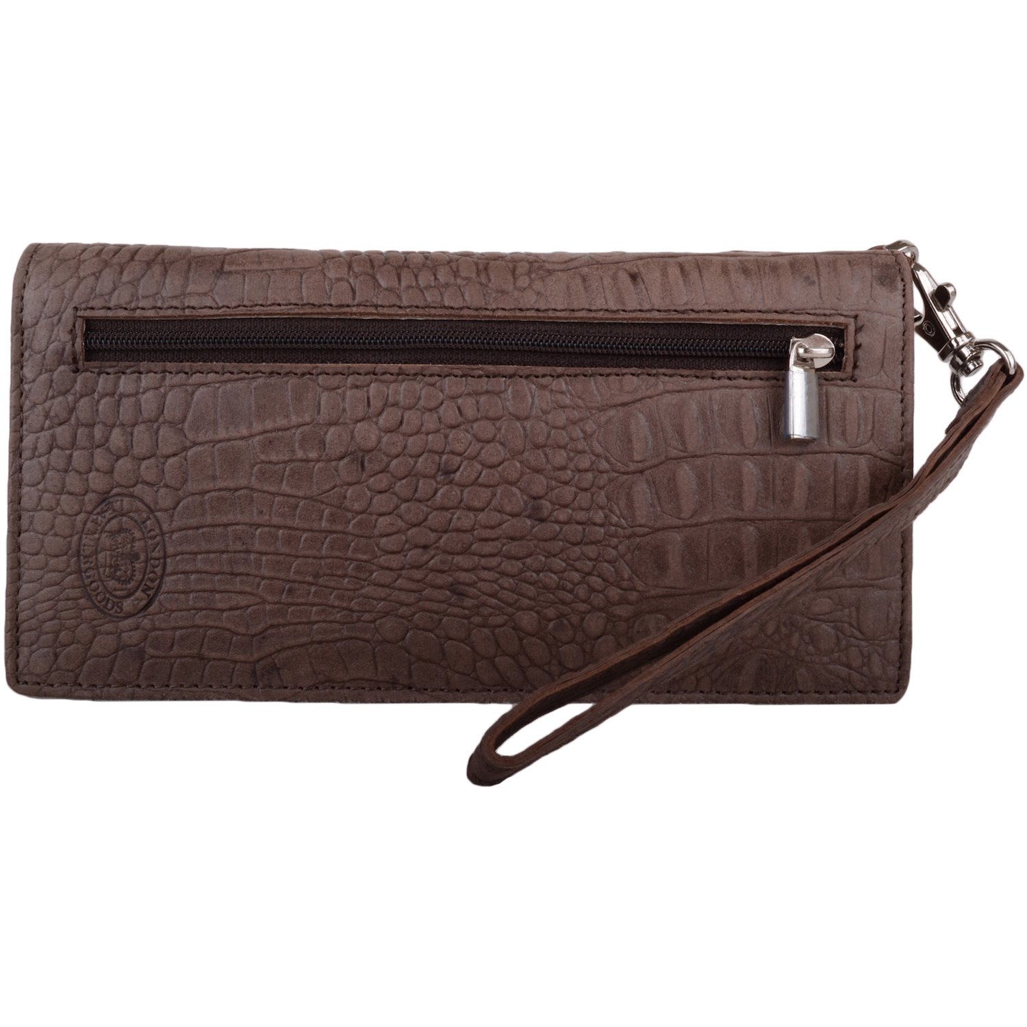 Womens Genuine Leather RFID Protected Clutch/Matinee Purse with Croc Design - Dark Brown