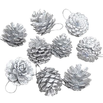 Fizzy Tech Natural Pine Cones Pendant Christmas Tree Party Decoration Ornaments Silver 9 PC