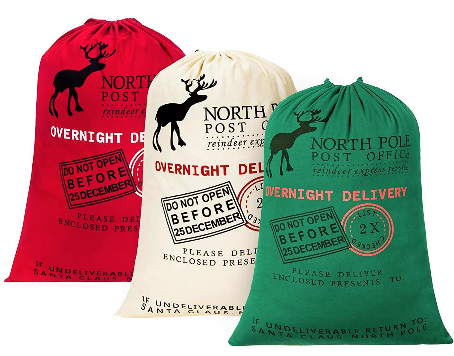 KAHEIGN 3Pcs Christmas Bag Large Santa Sack Canvas Bag with Drawstrings - 3 Colors Christmas Overnight Delivery Gift Bags Extra Large Size 70 x 50cm