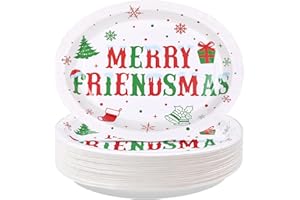 GRENCIAN 50Pcs Merry Friendsmas Oval Paper Plates 10" x 12" Large Disposable Heavy Duty Christmas Red Green Party Plates Xmas Snowflake Gifts Dessert Platter for Winter Friends Holiday Home Party Supplies