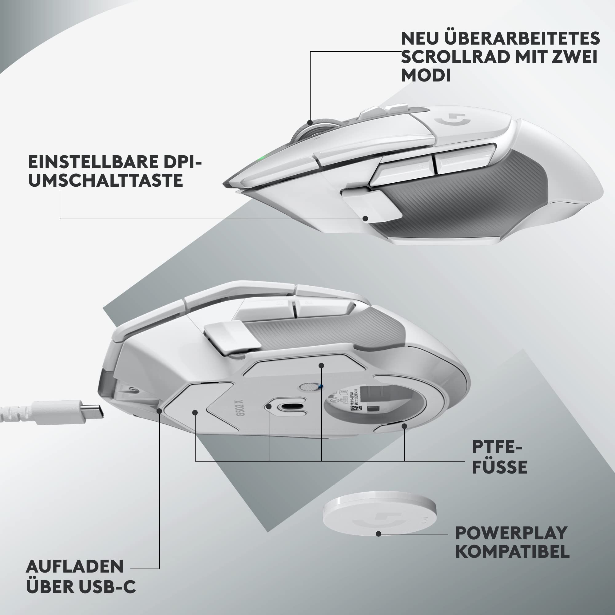 Logitech G G502 X LIGHTSPEED Kabellose Gaming-Maus - Optische Maus mit optisch-mechanischen LIGHTFORCE Hybridschaltern, HERO 25K Gaming-Sensor, Kompatibel mit PC - macOS/Windows - Weiß 5