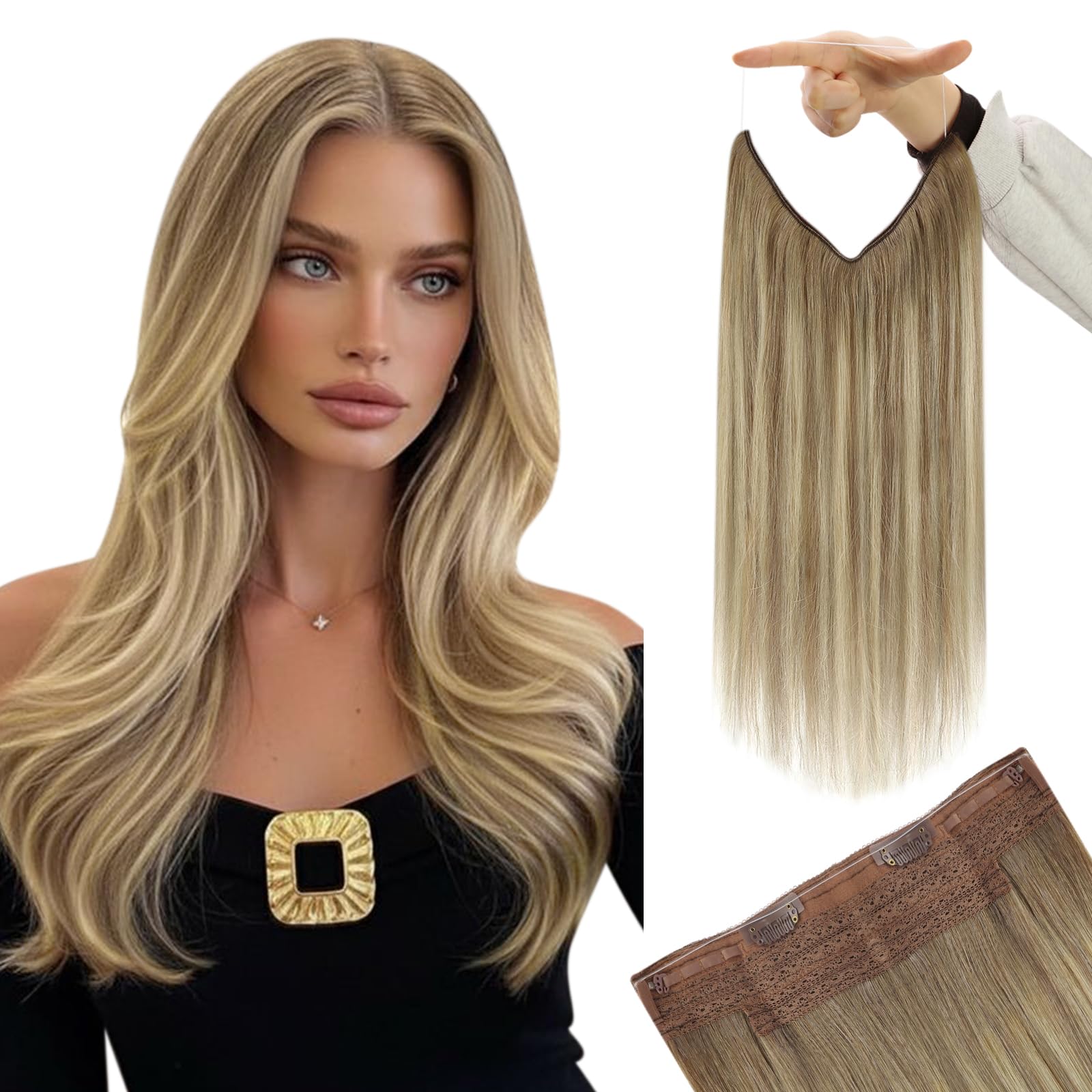 YoungSee Wire Hair Extensions Brown 20inch 130g Thick Wire Human Hair Extensions Medium Brown Fading to Brown Mix Platinum Blonde Human Hair Extensions Wire Invisible One Piece Easy Application — image 1