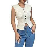 GORGLITTER Women's Crochet Tops Boho Summer Vacation Going Out Outfits Cute Sheer Button Down Sleeveless Knit Tank Top