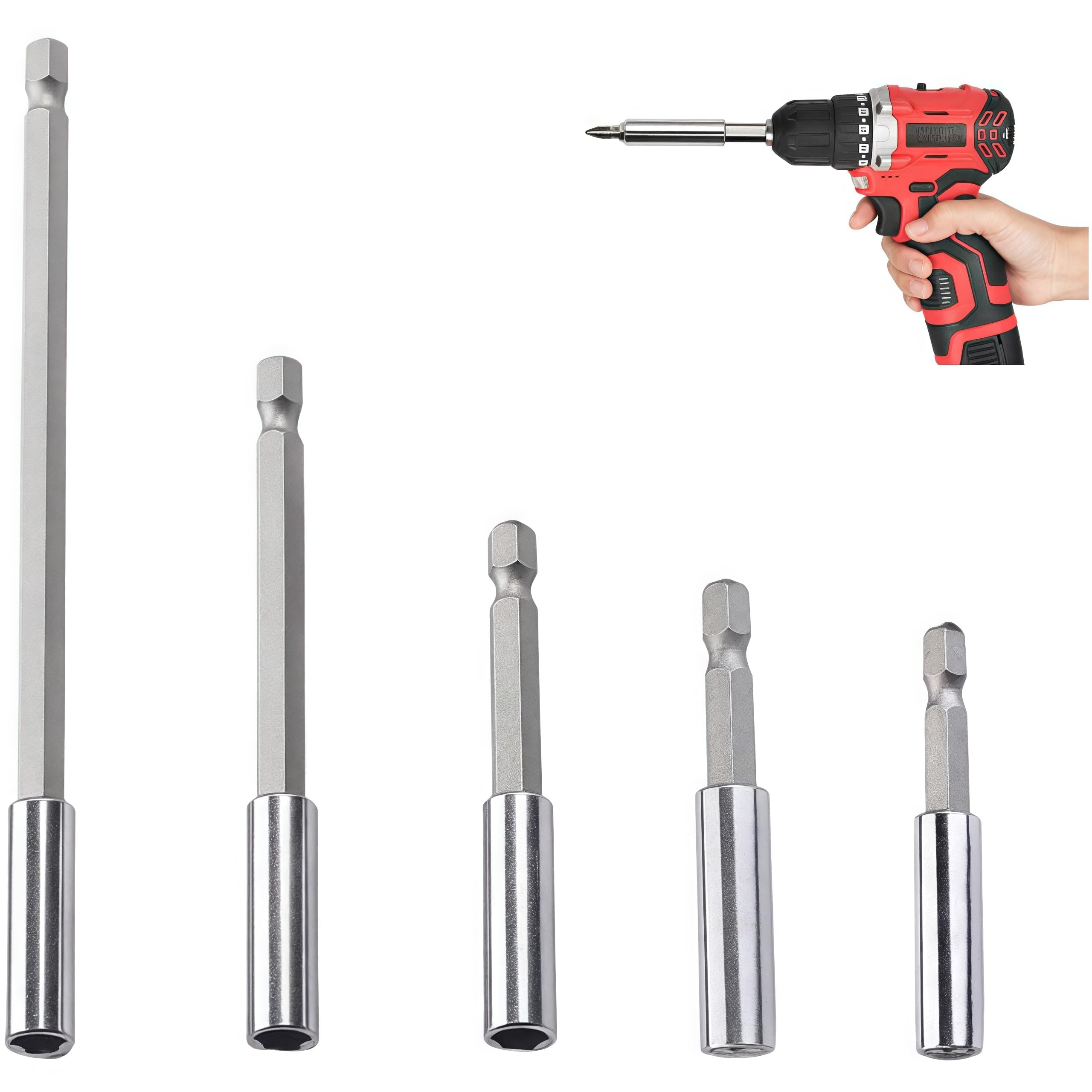 Anboo Magnetic Bit Holder Set, Hexagonal Shank Extension Bit Extension for Cordless Screwdriver for Electric Drill, Screwdriver 50/60/75/100/150 mm, Pack of 5