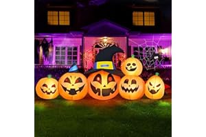 MICOCAH 8FT Halloween Inflatables Pumpkin with Cute Witch Hat Outdoor Decoration, Different Expression Pumpkins Halloween Blow Up Yard Decorations Built-in LED Lights for Lawn Garden Holiday Party