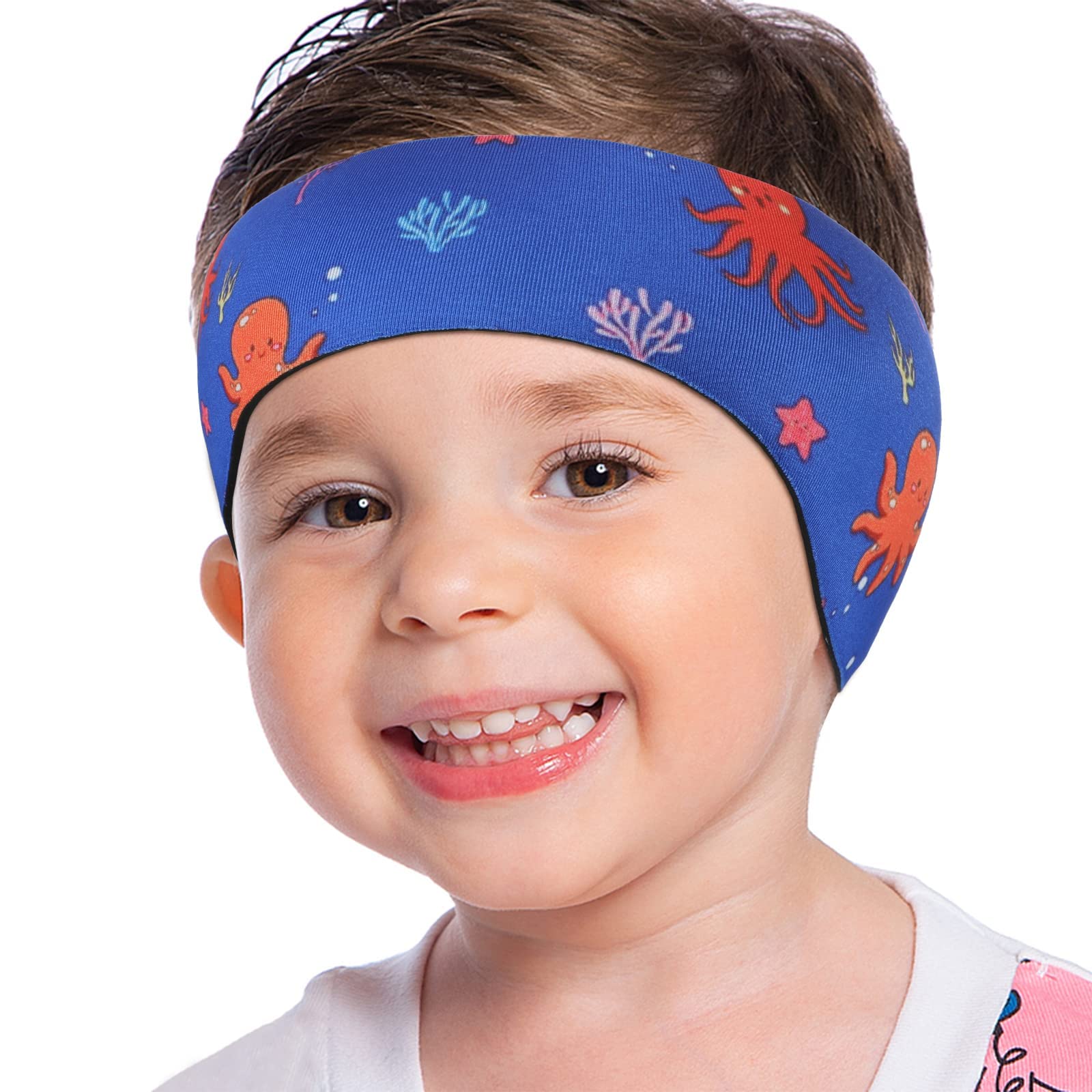MoKo Kids Swimming Headband - Cute Swimmer Ear Band, Waterproof Ear Protection for Bathing & Swimming, Age 1-3, Blue Octopus