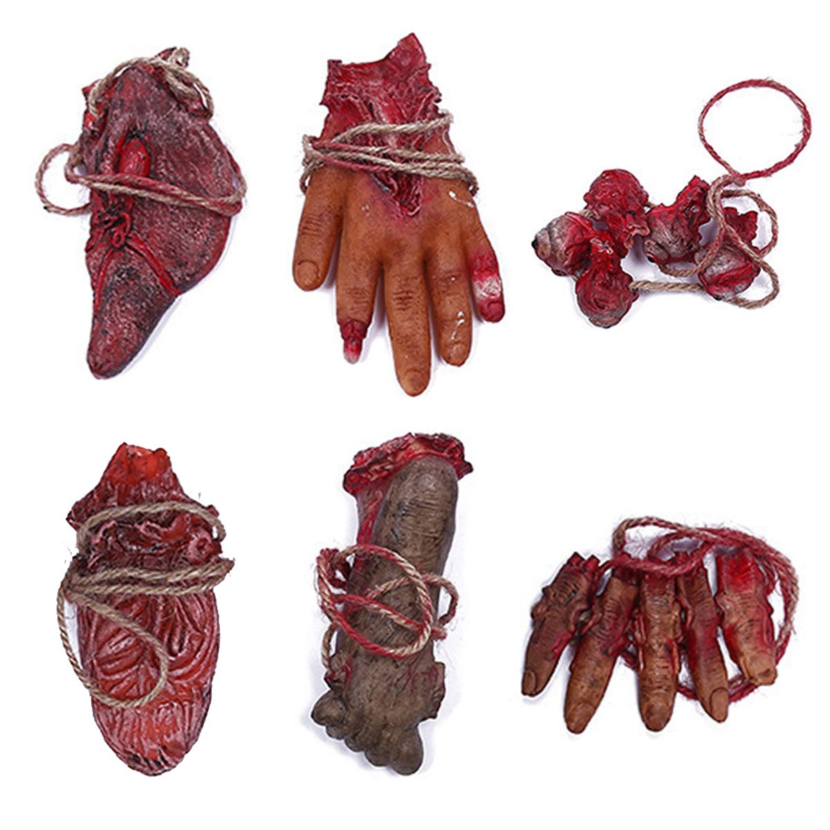 Photo 1 of XONOR Halloween Fake Bloody Severed Hands Feet Broken Body Parts for Haunted House Halloween Zombie Party Decorations (6 Pcs)