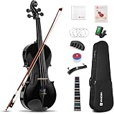 Vangoa 4/4 Full Size Black Acoustic Violin, Beginner Instrument Kit | Carefully polished wooden body generates warm, balanced tone; smooth fingerboard delivers comfortable playing experience
