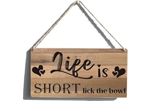 QIOUS Funny Kitchen Signs Gift Farmhouse Life is Short Lick the Bowl Wooden Hanging Sign Rustic Wall Art Home Kitchen Decoration 12 x 6 Inches