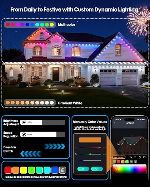SUPER RGB PERMANENT OUTDOOR LIGHTS 150FT, SMART RGB+IC EAVE LIGHTS WITH REMOTE APP CONTROL, DIY LED COLOR INDIVIDUAL, WHITE & COLORFUL CHRISTMAS STRING LIGHT, IP67 WATERPROOF FOR HOUSE OUTSIDE DECOR