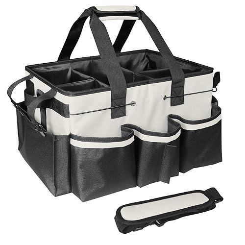 BOHEMIABY Cleaning Bags for Housekeepers, Large Cleaning Supplies Organizer with Handles & Shoulder Strap, Cleaning Caddy Bag with Foldable Divider for Cleaners, Car Horse Cleaning Bag(White)