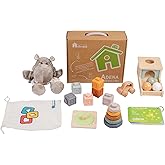 Adena Montessori Play Kit for 7-12 Month Baby,6 in 1 Learning Educational Brain Development Toys for Toddler Includ First Puzzle,Ball Drop Box,Stacking Pegs,First Blocks,Wooden Moving Car,Hand Puppet