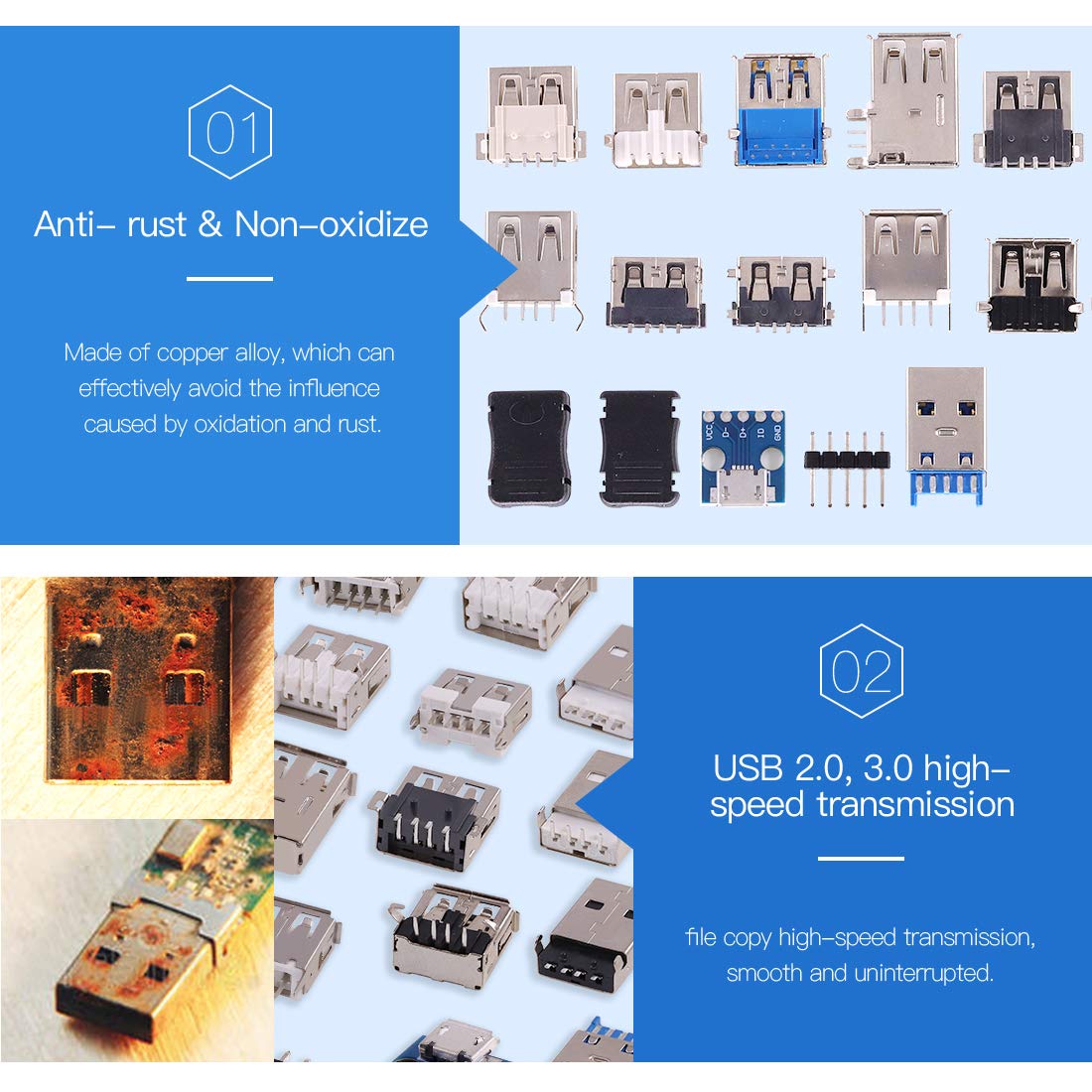 Glarks 180Pcs Micro Sockets USB 2.0 3.0 Type A Male Female Plug