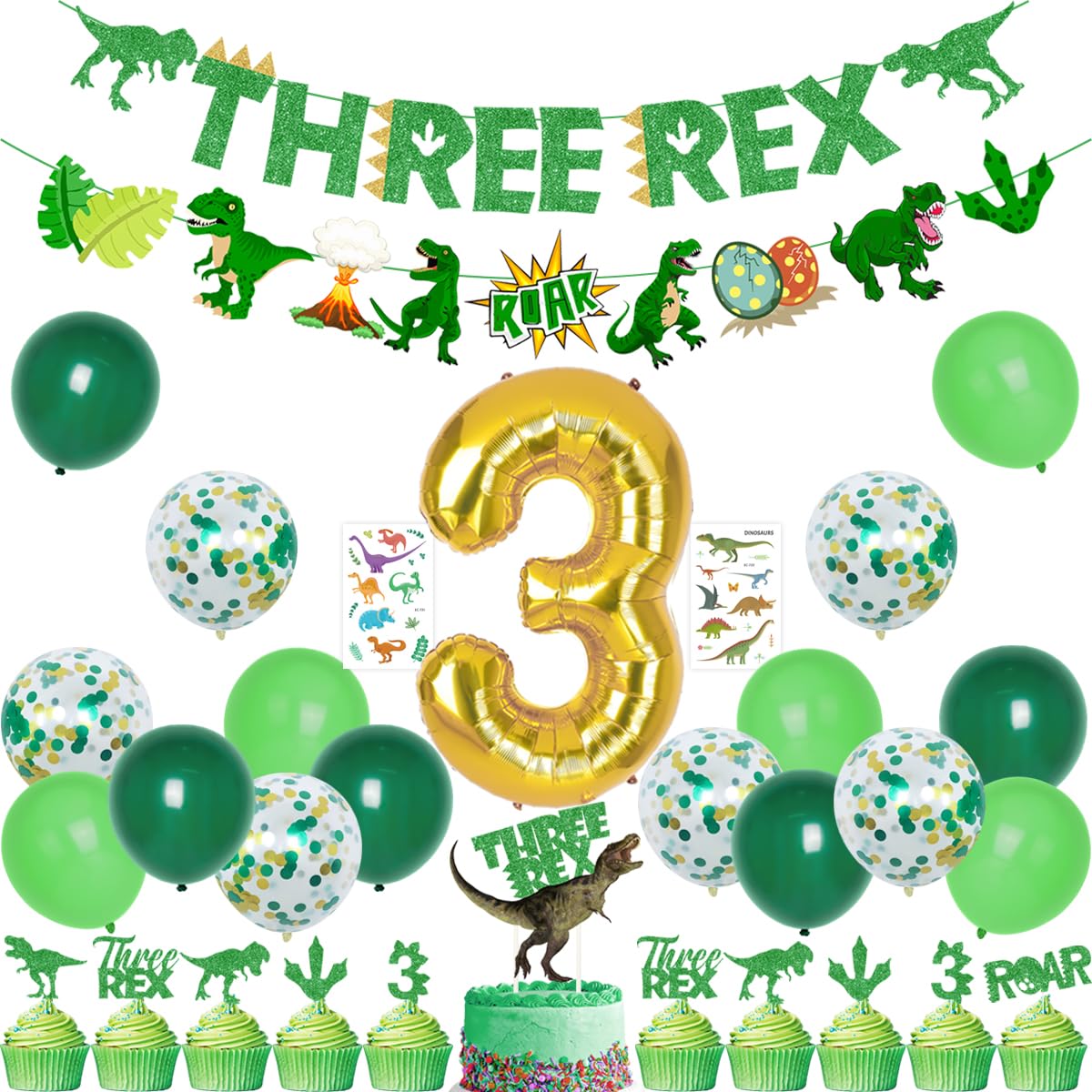 Kreatwow Dinosaur 3rd Birthday Decorations 3 Rex Birthday Party Supplies Three Rex Banner Cake Cupcake Toppers Dinosaur Balloons Temporary Tattoos for Roar I’m 3 Boys Girls