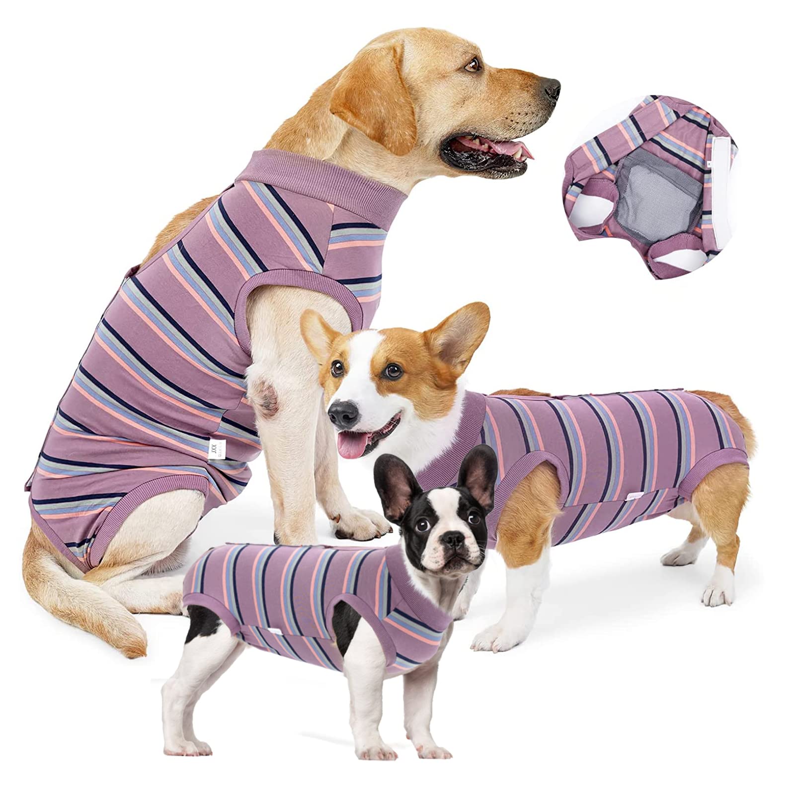 Recovery Suit for Dog, Purple Stripes Surgical Onesie Cone E-collar Alternative Pajamas Elastic Pet Anti-licking Surgery Suit for Small, Medium Puppy (M)