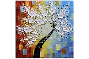 YaSheng Art -3D handmade paintings textured wall art Oil Painting On Canvas white Flowers Paintings Modern Home living room Wall Art Abstract canvas art picture Ready to hang 30x30inch