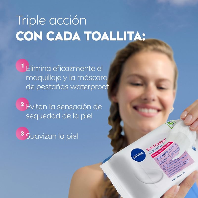 Toallitas Desmaquilladoras 3-en-1 Suaves - Toallitas Húmedas - Limpia Suave y Eficazmente - Elimina Maquillaje Waterproof - Para Rostro, Ojos y Labios - Piel Seca y Sensible - 25 unidades