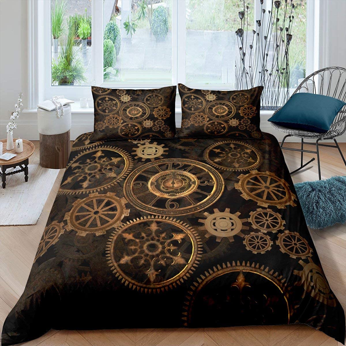 Homewish Golden Ndustrial Gear Bedding Set Double Size Steampunk Style Duvet Cover Clocks Theme Comforter Cover For Boys Men Mechanical Device Bedspread Cover Black