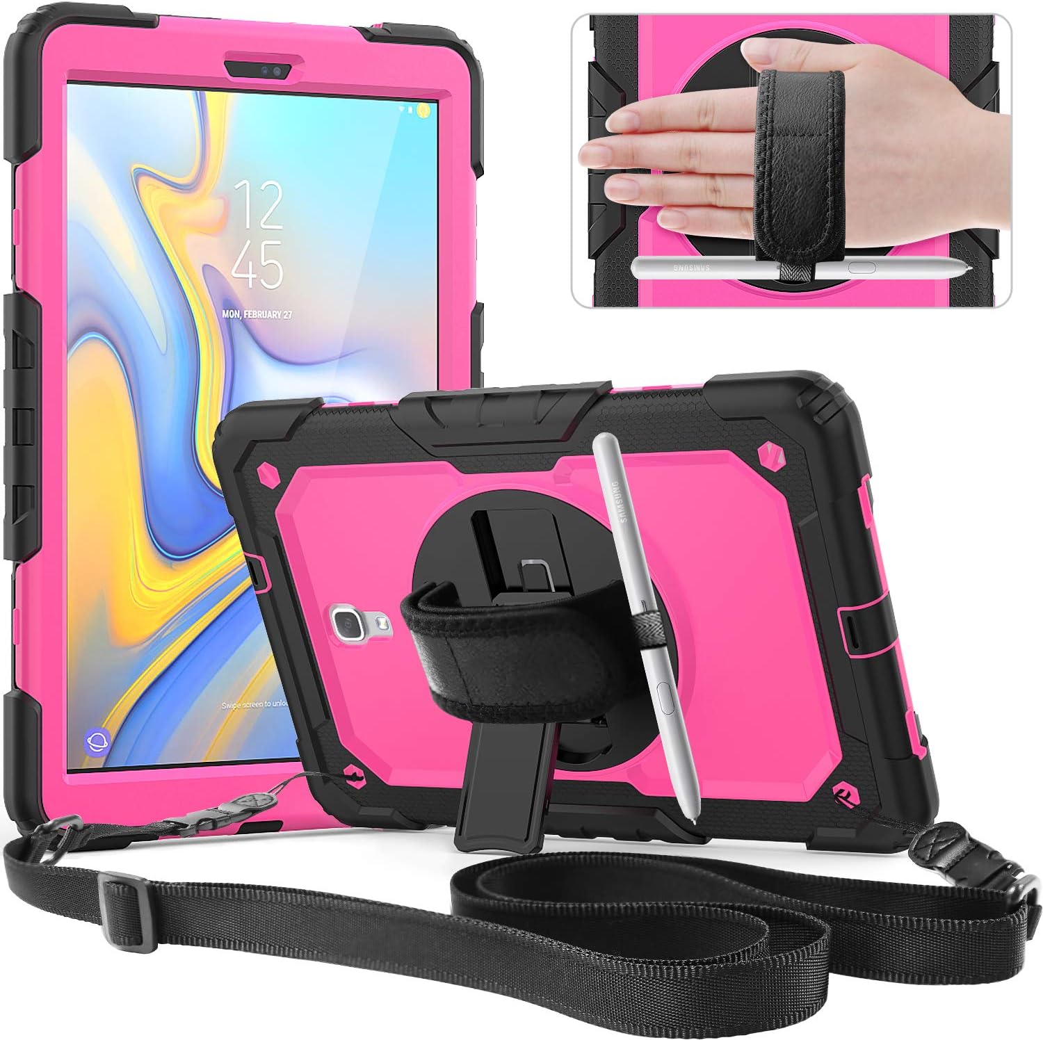 Timecity Samsung Galaxy Tab A 10.5 Case,SM-T590 T595 T597 2018 Release Rugged Case with 360 Rotation Kickstand/Hand Strap S Pen Holder Screen Protector case for Galaxy Tab A 10.5 Tablet-Black+Rose