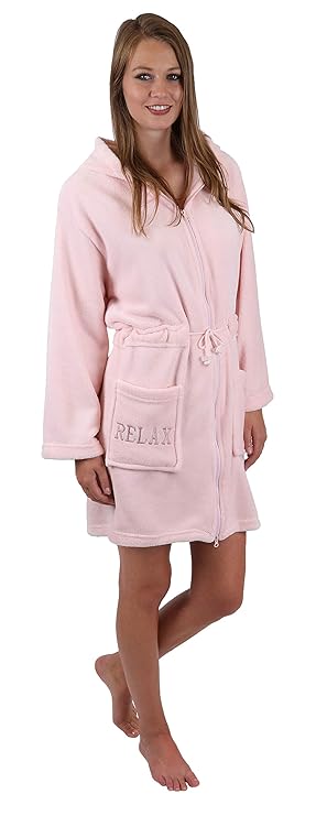 Betz Bademantel Morgenmantel Saunamantel Damen mit Kapuze und Reißverschluss Farben Creme, türkis, rosa und blau Größen XS - 