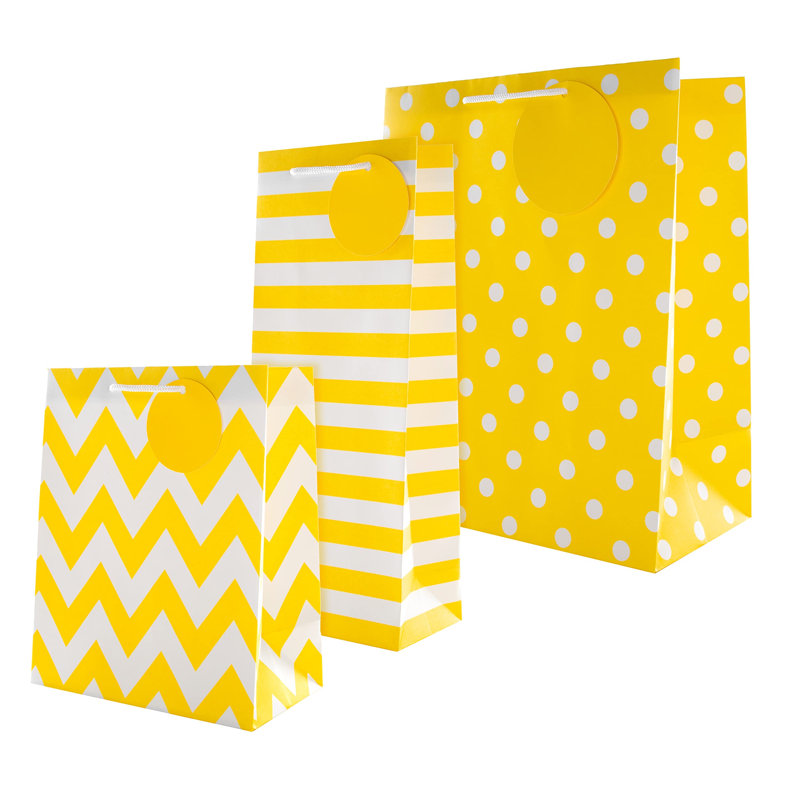 Hallmark Multi Occasion Gift and Bottle Bag Bundle - 3 Bags (Large, Medium & Bottle) in Yellow and White Designs