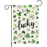 Heyfibro Lucky St. Patrick's Day Garden Flag 12x18 Double Sided Burlap, Shamrock Clover Yard Flag for Spring Seasonal Irish Holiday Farmhouse Yard Outdoor Decor(ONLY FLAG)