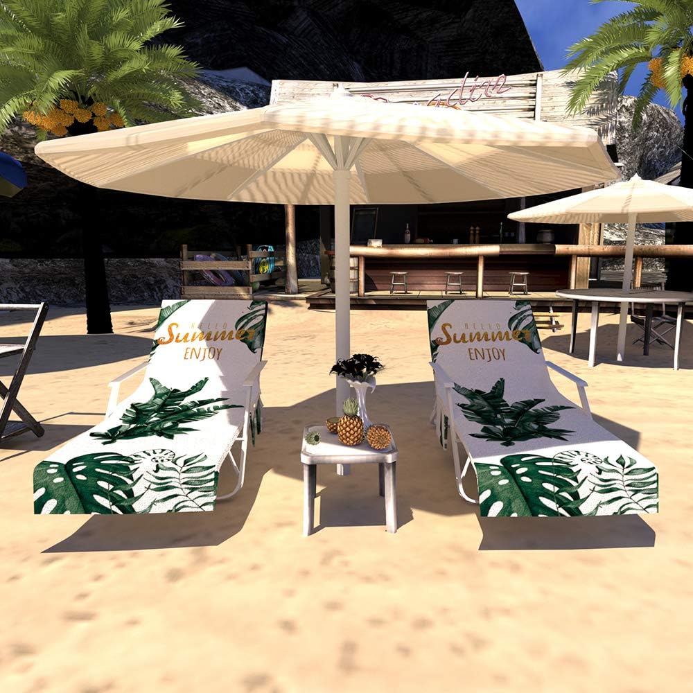 Lmeison Beach Chair Cover Green Leaves, 2Pack Microfiber Chaise Lounge Towel with Storage Pockets for Pool, Sun Lounger, Hotel, Vacation, Holidays Sunbathing, No Sliding (84.6" x 29.5"): Kitchen & Dining