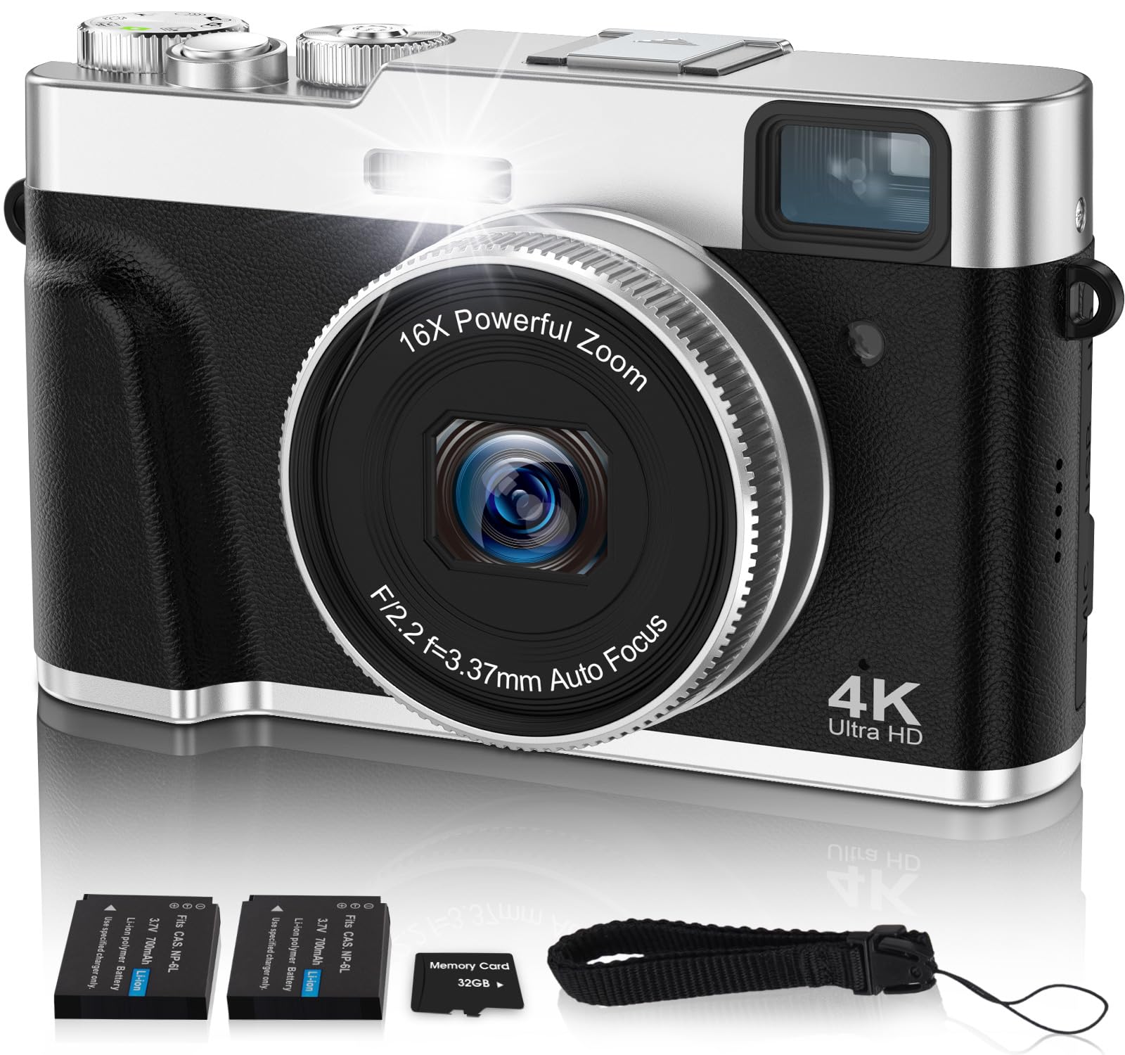 Jumobuis 4K Digital Camera Auto Focus 48MP Vlogging Video for YouTube Photography Cameras Beginners Travel Portable Compact Point and Shoot with Viewfinder Flash 32G Memory Card Silver ,DC202