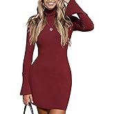 EXLURA Women Sweater Dress Fall Winter Bell Long Sleeve Mini Dresses Turtleneck Pullover Ribbed Knit Stretch Bodycon Dress