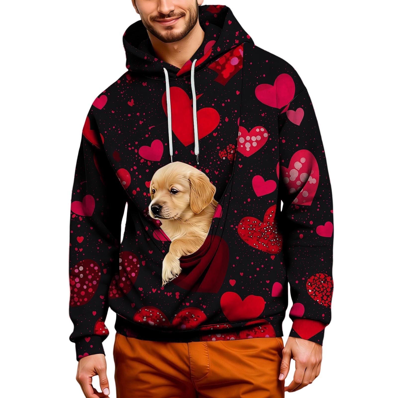 Valentine's Day Cat Pouch Hoodie for Men Women Kangaroo Pocket Dog Pouch Sweatshirts Pet Carrier Pullover Animal Holder Tops,Red,Small
