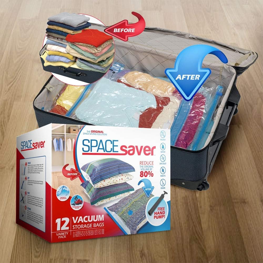 Spacesaver Premium Vacuum Storage Bags (3 x Small, 3 x Medium, 3 x Large, 3 x Jumbo) (80% More Storage Than Leading Brands) Free Hand Pump for Travel! (Variety 12 Pack): Home & Kitchen