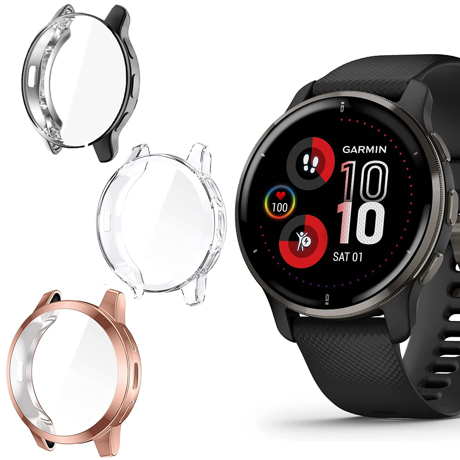 Venu 2 Plus Case, onetuo All-Around Protective TPU Bumper Cover Screen Protector Case Cover Compatible for Garmin Venu 2 Plus Smartwatch (3 pack-Clear+Black+Rose Gold)
