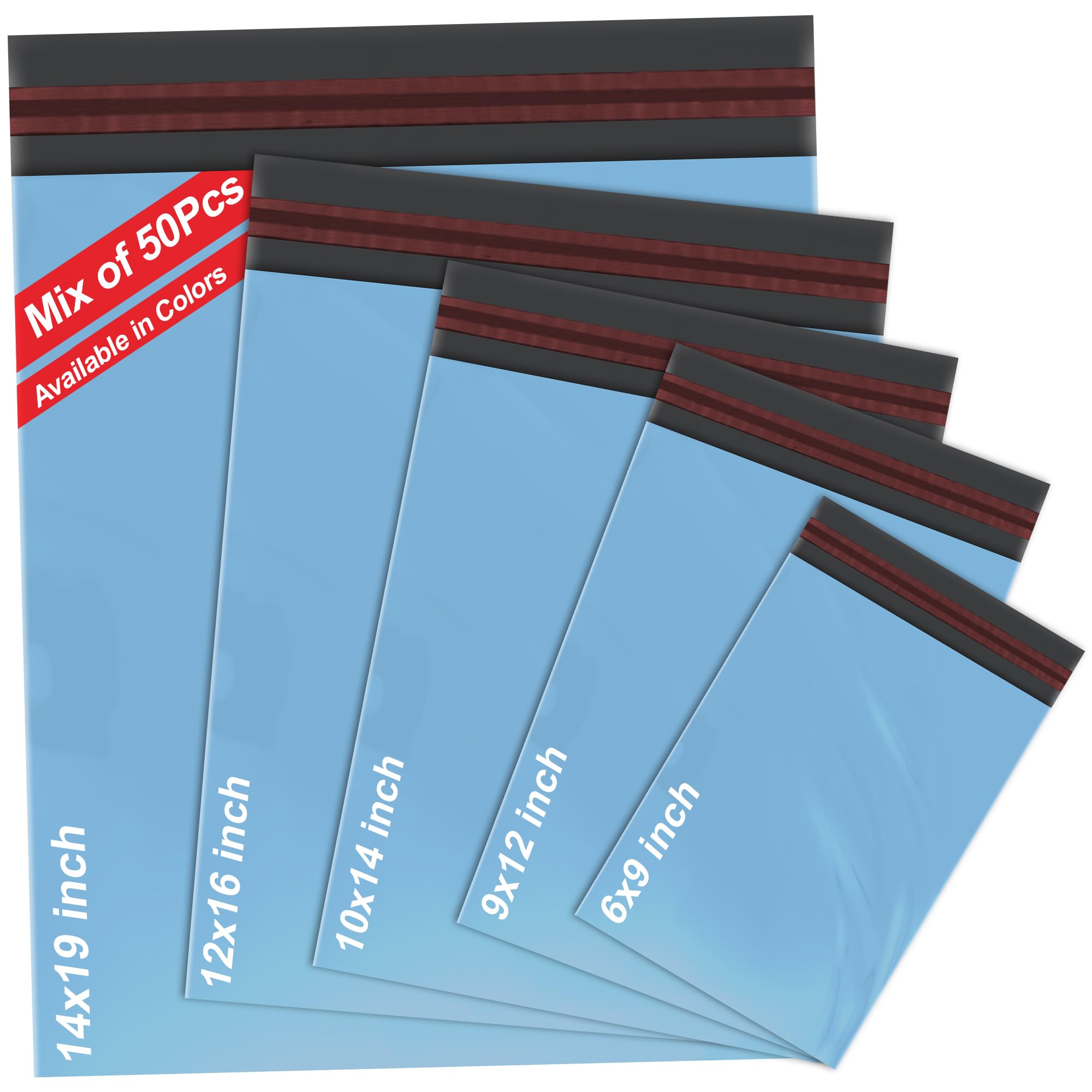 iSOUL 50 Mixed Mailing Poly Postal Self Seal Bags 5 Sizes 10 from Each Postage Packaging Assorted Mailers Blue
