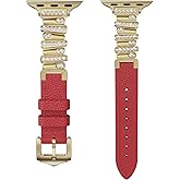 Leather Strap Compatible with Apple Watch Bands Luxurious Slim Fashion Strap Premium Stainless Steel Connectors Designed for Women iWatch Series 38/40/41/42mm 11/10/9/8/7/6/5/4/SE Red-Gold