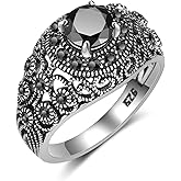 Mytys Black Onyx Stone Rings for Women Marcasite Vintage Cocktail Statement Rings Silver Chunky Crystal Antique Retro for victorians Jewelry Gift