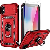 Weycolor for iPhone X Case, iPhone Xs Case with Camera Lens Cover, HD Screen Protector, 10 FT Military Grade Drop Protection, Magnetic Ring Holder Kickstand Phone Case for iPhone X/Xs (Red)
