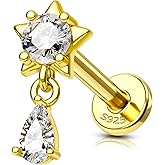 COCHARM 14K Gold Plated Cartilage Earrings Stud 16G Dangle Star 925 Sterling Silver Helix Tragus Earrings Surgical Steel Flat Back Earrings Dangly