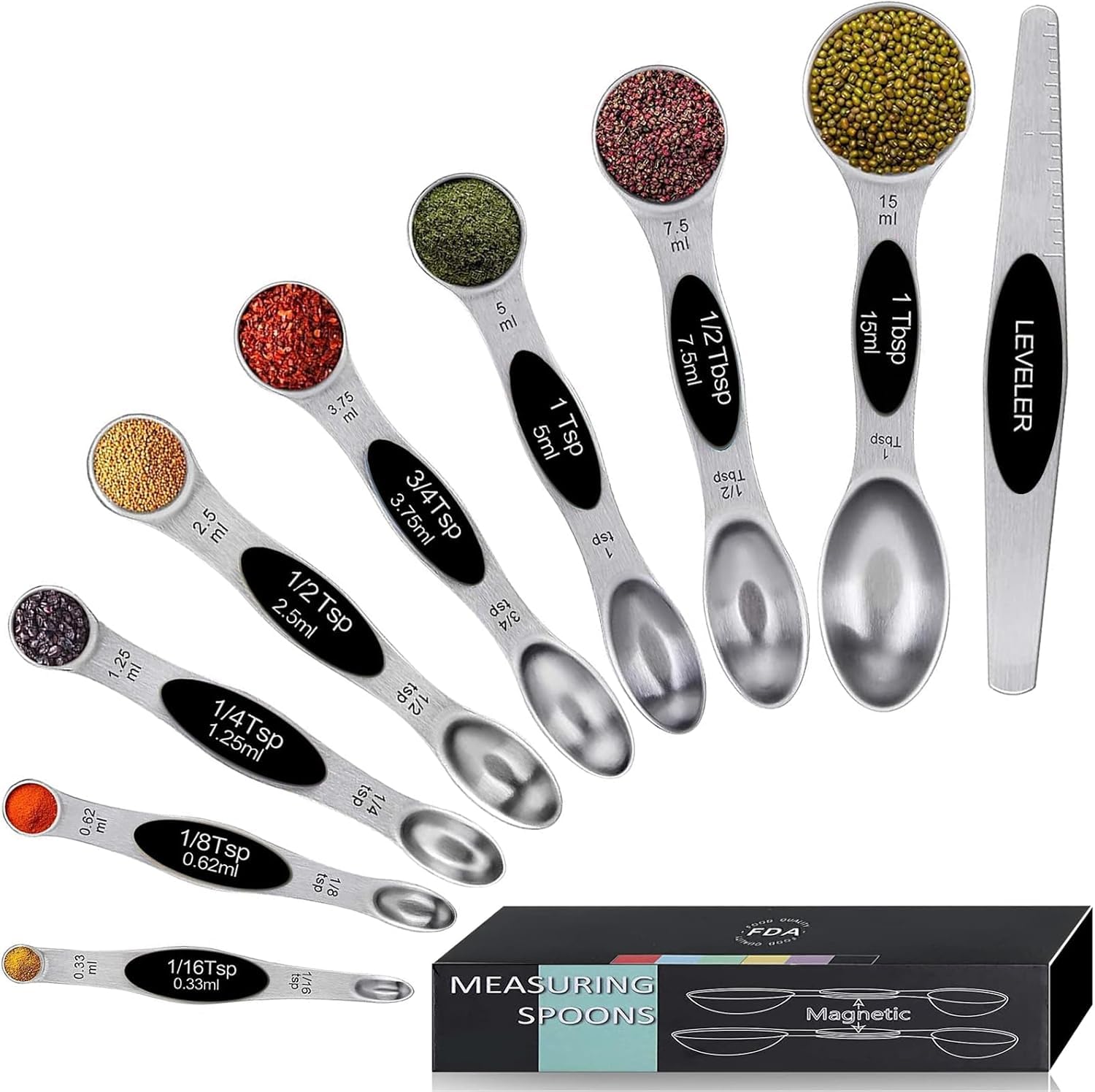 Magnetic Measuring Spoons Set,Heavy Duty Stainless Steel,Dual Sided Stackable Measuring Spoons Nesting Teaspoons Tablespoons for Measuring Dry and Liquid Ingredients,Set of 9 (Black)