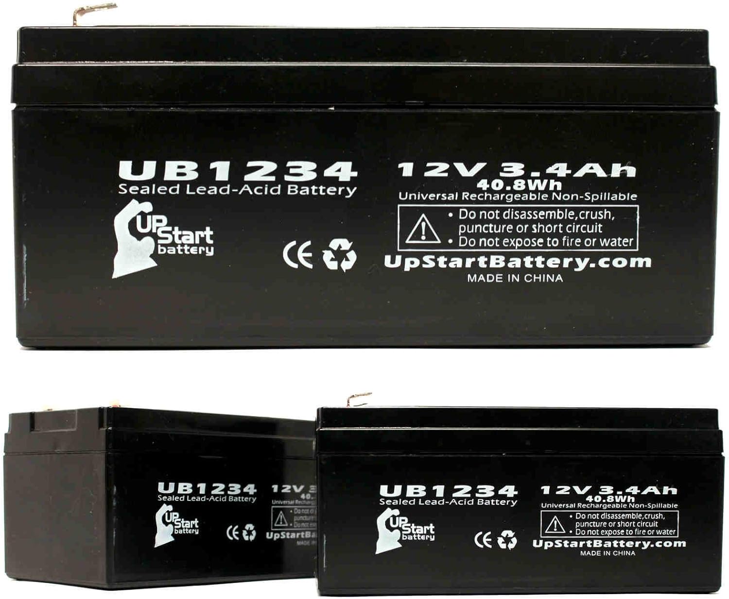 3-Pack UB1234 Universal Sealed Lead Acid Battery (12V, 3.4Ah, F1 Terminal, AGM, SLA) Replacement - Compatible with Honeywell 5000, Cyberpower CP425SLG, CP425G, APC Back-UPS ES BE350G