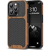 TENDLIN Compatible with iPhone 15 Pro Max Case Wood Grain with Carbon Fiber Texture Design Leather Hybrid Slim Case (Black)