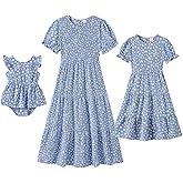 IFFEI Mommy and Me Dresses Summer Casual Boho Matching Outfits Ruffle Puff Sleeve High Waist Midi Beach Maxi Dress