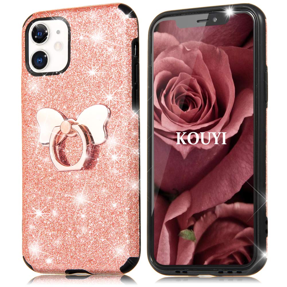 KOUYI for iPhone 11, [Glitter 3 in 1 Series] Fashion Glitter Sparkle Shiny Bling Diamond Protective Case Cover with Butterfly Ring Grip Holder Kickstand for iPhone 11 6.1 Inches (Pink)