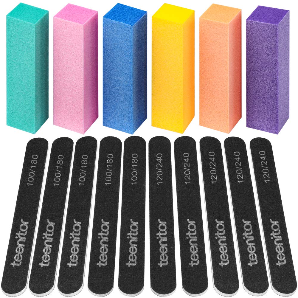 Nail Files And Buffers, Teenitor Professional Nail Manicure Tool 120 Grits Nail Buffer Block 100/180 and 120/240 Grits Emery Boards For Acrylic And Natural Nails- 16 Pack : Beauty