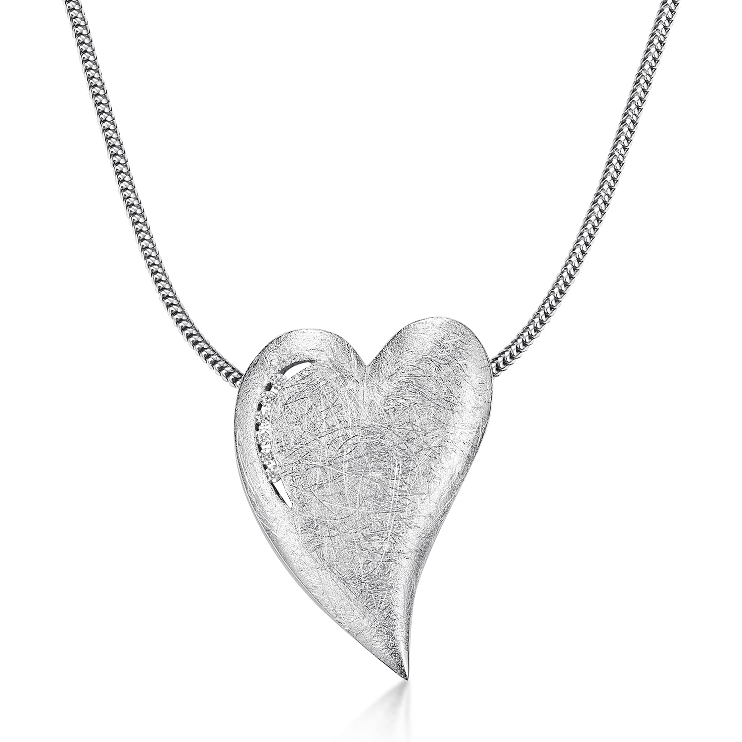 Materia KA-153 Heart Chains Pendant 925 Silver Matte with Zirconia Optional Chain Rhodium-Plated in Jewellery Case With 40 cm chain