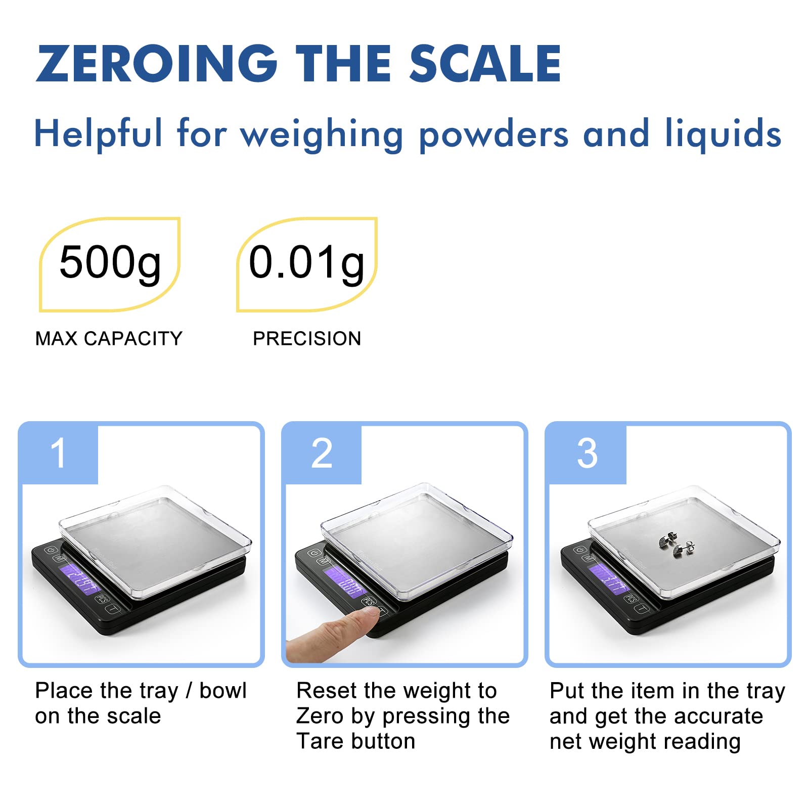 KitchenTour Digital Kitchen Scale - 500g/0.01g High Accuracy Precision Multifunction Food Meat Scale Small Scale Jewelry Lab Carat Powder Scale with Back-Lit LCD Display(Batteries Included)