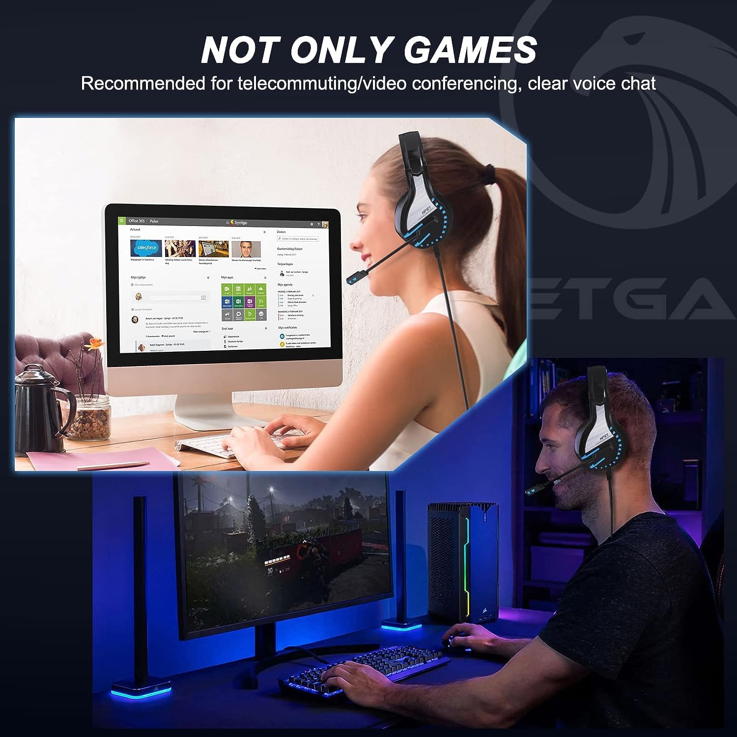 NPET 【2 Pack HS10 Stereo Gaming Headset for PS4 PC Xbox One PS5 Controller, Noise Cancelling Over Ear Headphones with Mic, LED Light, Bass Surround, Soft Memory Earmuffs Blue