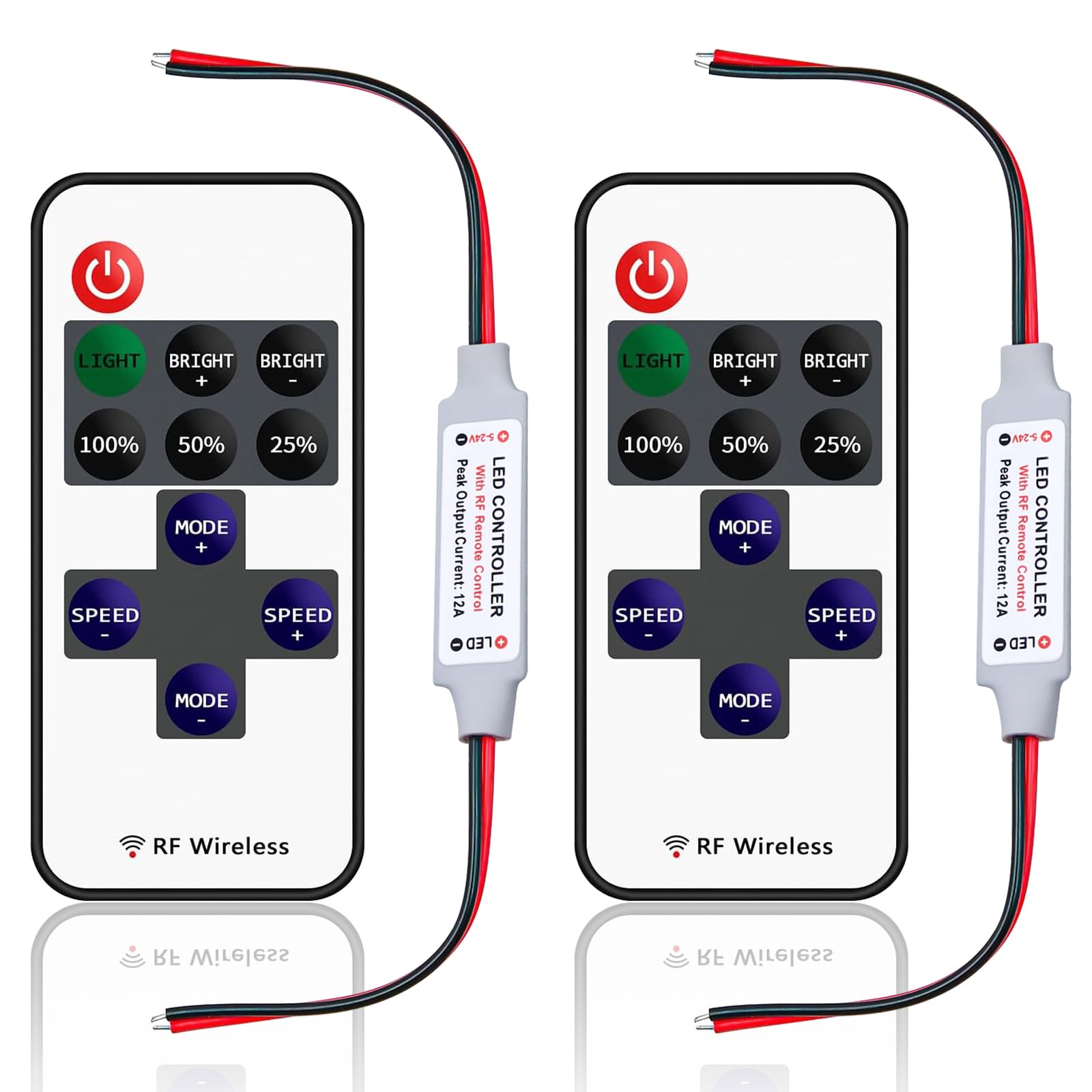 Cube-LED 11Key 5-24V Mini In-line Dimmer Switch RF Wireless Remote Control For Single Color Strip Light LED DC 11-Key Wireless Mini Dimmer Switch for Strip Lights (2Pcs 5-24V 11Key RF [RD&BK])