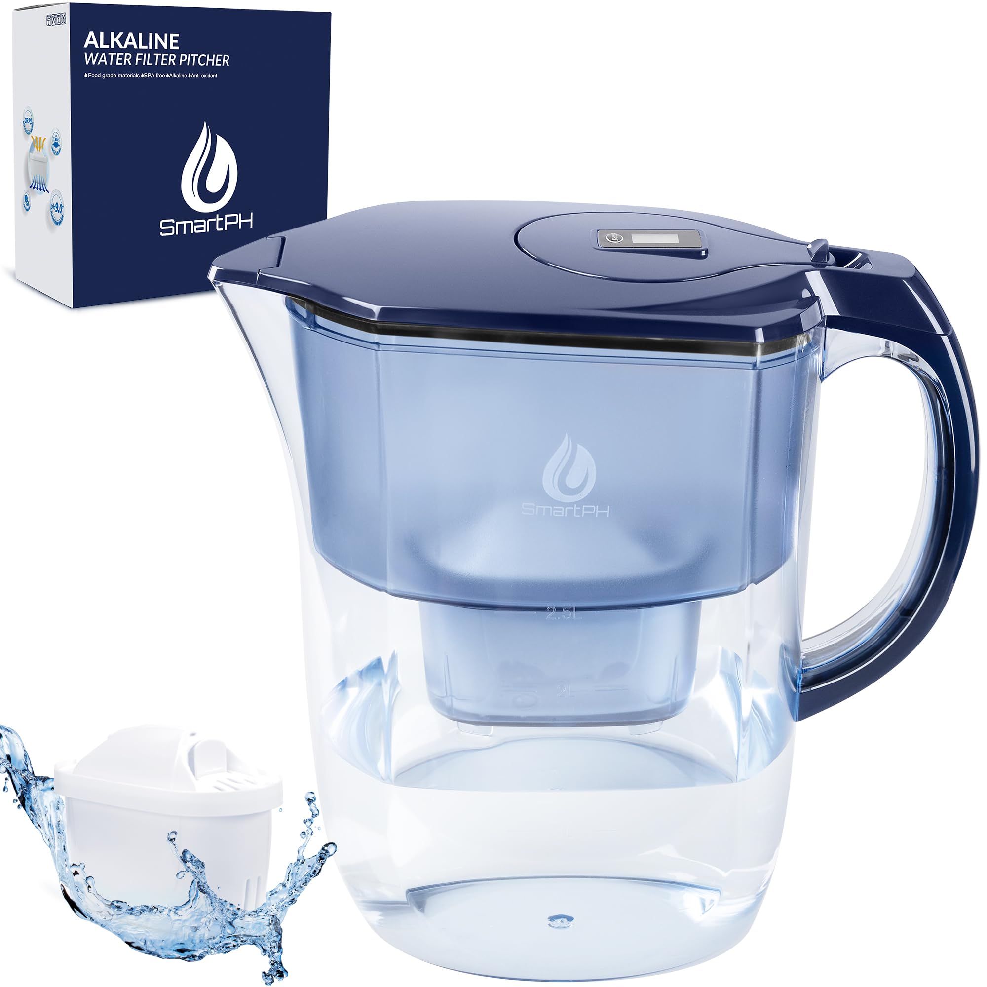 SmartPH Alkaline Water Purifier Filter Jug - 3.8L, Midnight Blue, BPA Free, Includes 2 BRITA Compatible Filter Cartridges | Fast Filtering Model
