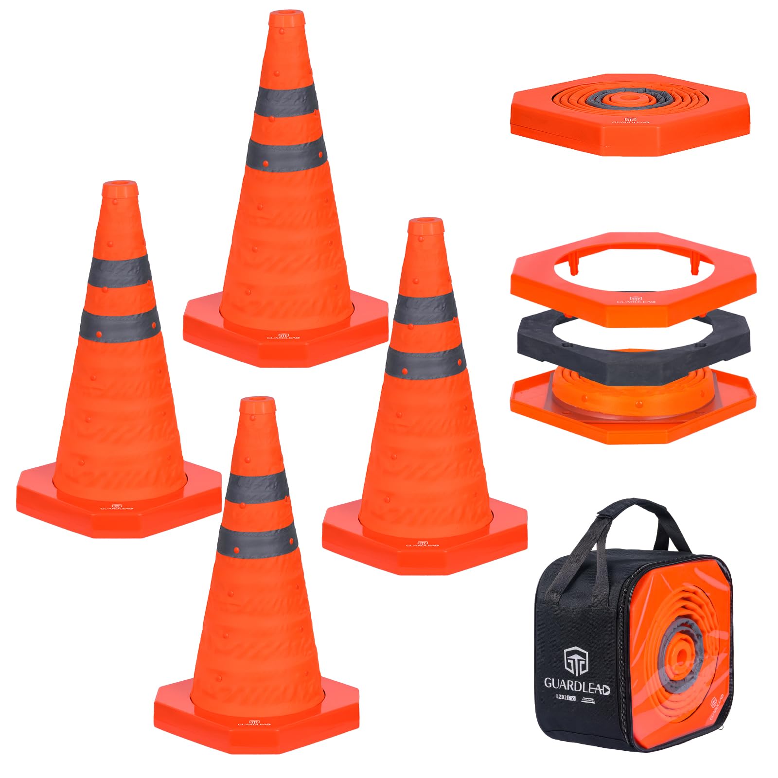 Collapsible Traffic Cone with Weighted Base Orange Safety Hazard Cone, Road & Parking Cone for Construction, Driving Practice & Lot Management - Sturdy Design (4, 18'')
