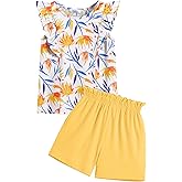 Arshiner Girls Clothes Summer Outfits Ruffle Sleeve Tops and Paperbag Waist Shorts with Pockets Kids Clothing Set